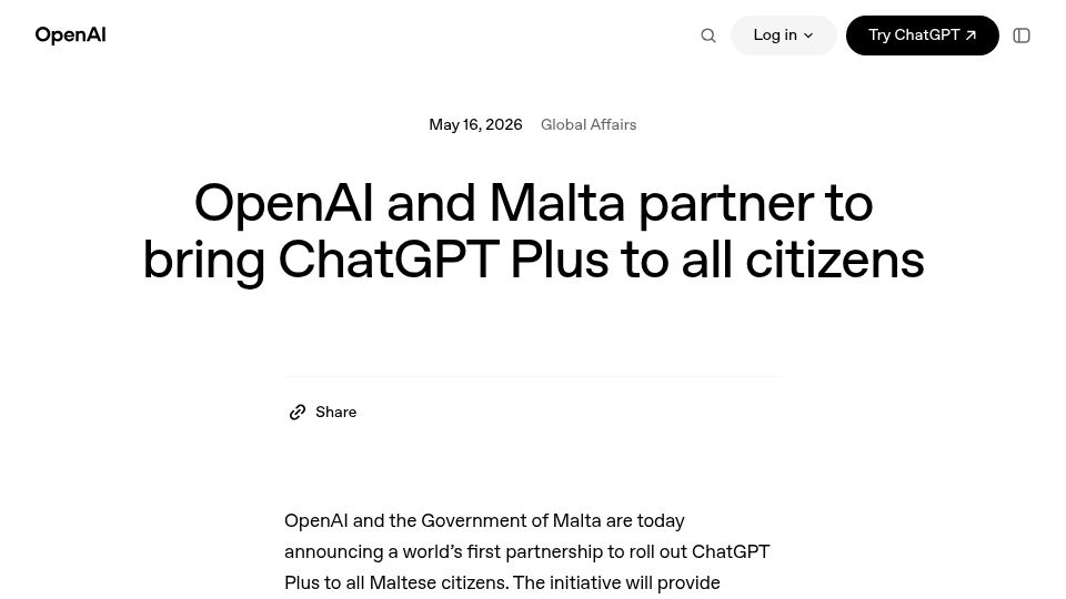 Screenshot of openai.com: OpenAI and Government of Malta partner to roll out ChatGPT Plus to all citizens