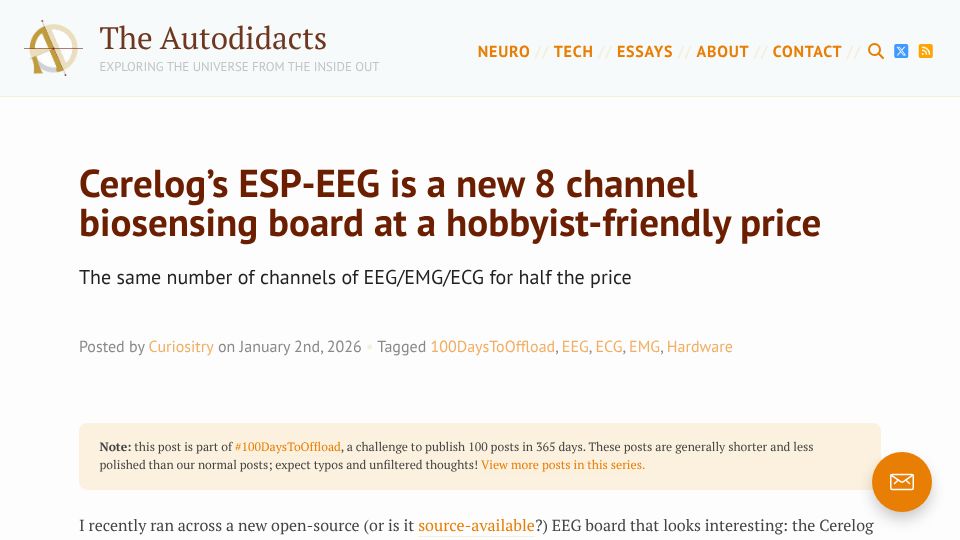 Screenshot of autodidacts.io: ESP-EEG is an affordable 8-channel biosensing board