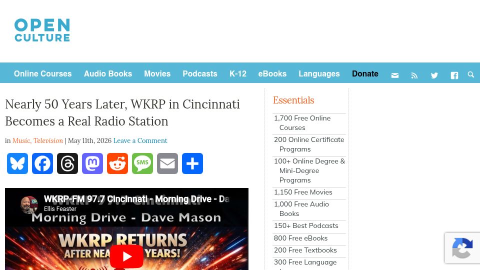 Screenshot of openculture.com: Nearly 50 Years Later, WKRP in Cincinnati Becomes a Real Radio Station