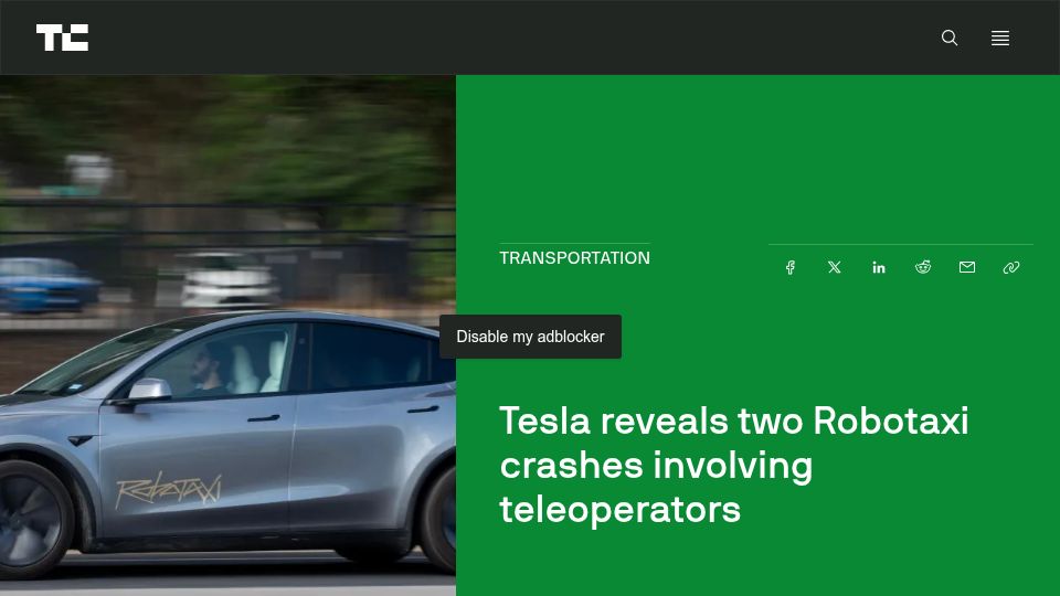 Screenshot of techcrunch.com: Tesla reveals two Robotaxi crashes involving teleoperators