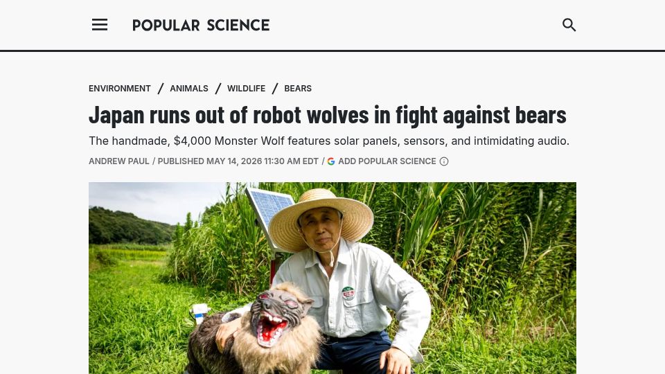Screenshot of independent.co.uk: Japan’s robot wolf sells out as record bear attacks drive demand