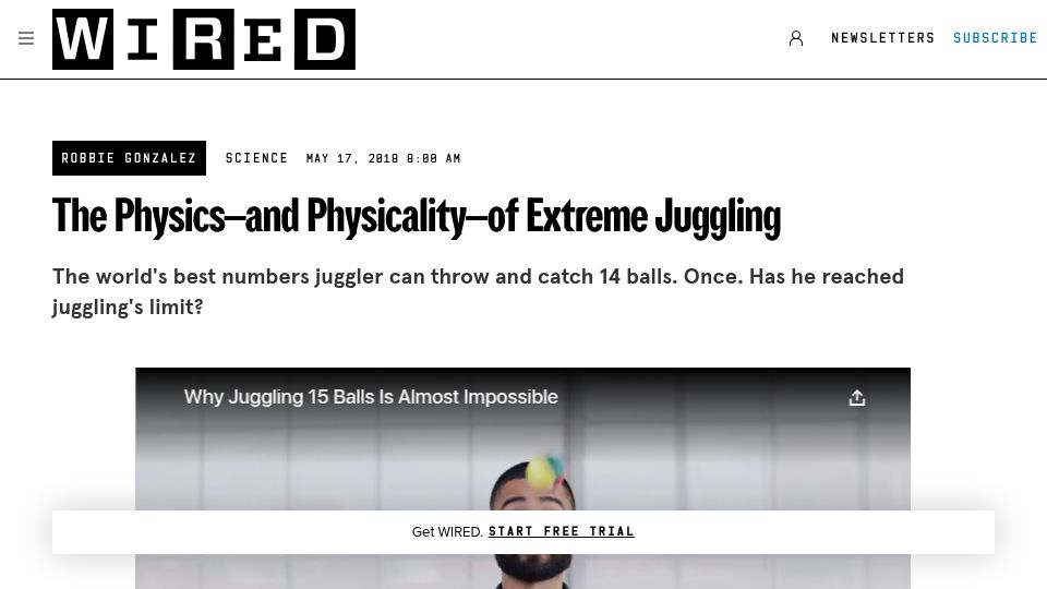 Screenshot of wired.com: The Physics–and Physicality–Of Extreme Juggling (2018)