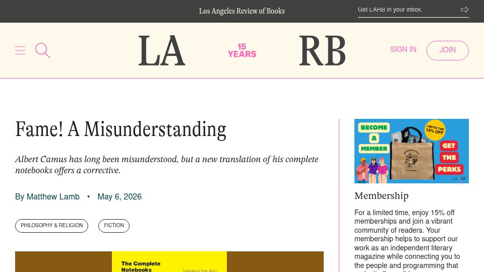 Screenshot of lareviewofbooks.org: Fame! A Misunderstanding: A new translation of Albert Camus's complete notebooks
