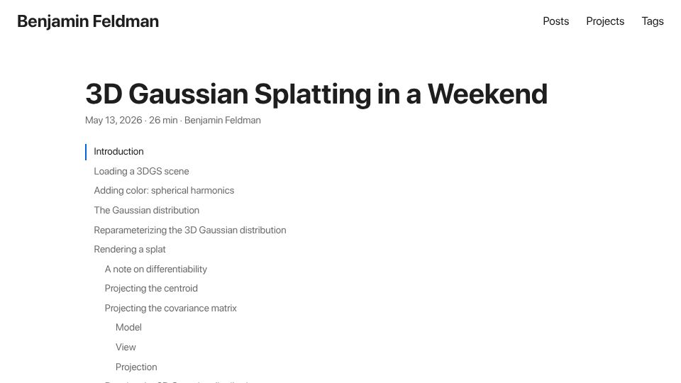 Screenshot of bfeldman.me: 3D Gaussian Splatting in a Weekend
