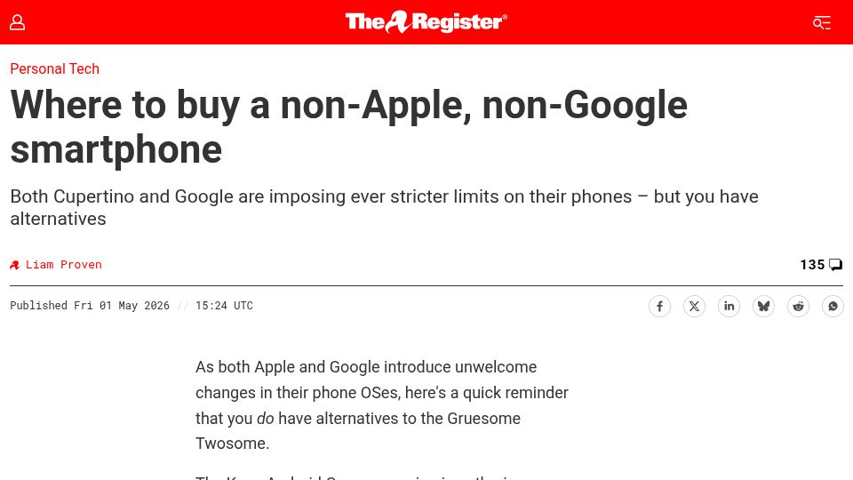 Screenshot of theregister.com: Where to buy a non-Apple, non-Google smartphone