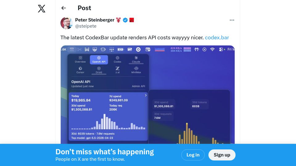 Screenshot of twitter.com: OpenClaw Creator Spent $1.3M on OpenAI Tokens in 30 Days