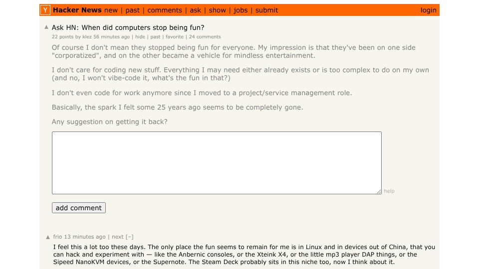 Screenshot of Hacker News post: Ask HN: When did computers stop being fun?