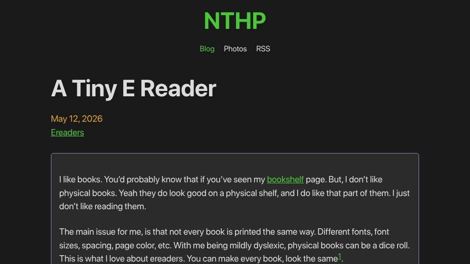 Screenshot of nthp.me: A Tiny E Reader