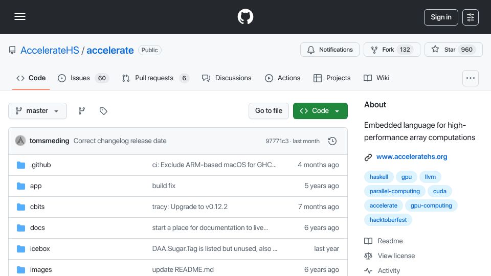 Screenshot of github.com: Accelerate – Embedded language for high-performance array computations