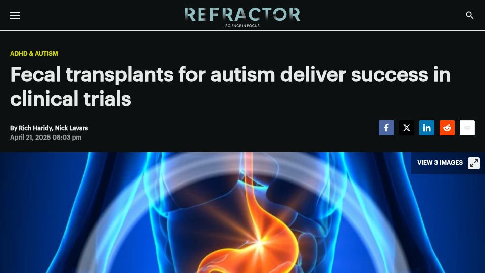 Screenshot of refractor.io: Fecal transplants for autism deliver success in clinical trials (2019)