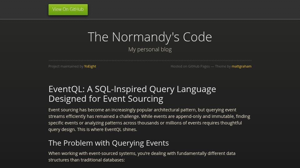 Screenshot of yoeight.github.io: A SQL-Inspired Query Language Designed for Event Sourcing (2025)