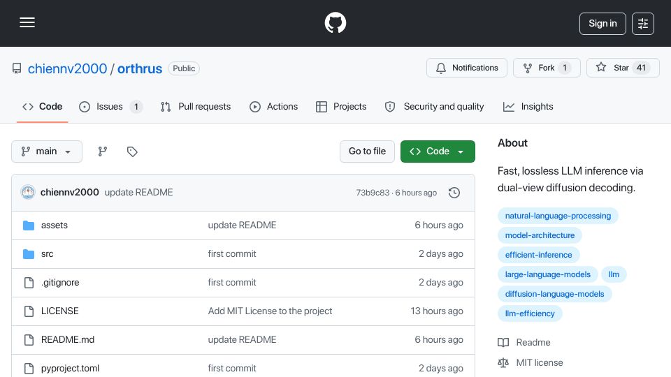 Screenshot of github.com: Orthrus-Qwen3: up to 7.8×tokens/forward on Qwen3, identical output distribution
