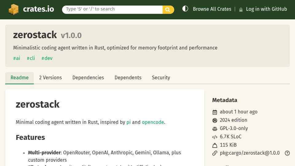 Screenshot of crates.io: Zerostack – A Unix-inspired coding agent written in pure Rust