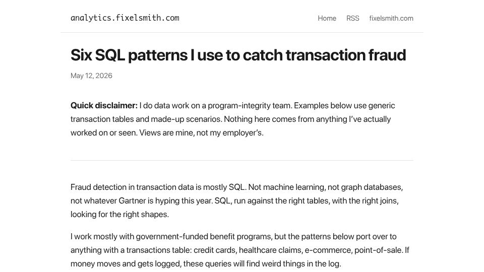 Screenshot of analytics.fixelsmith.com: SQL patterns I use to catch transaction fraud