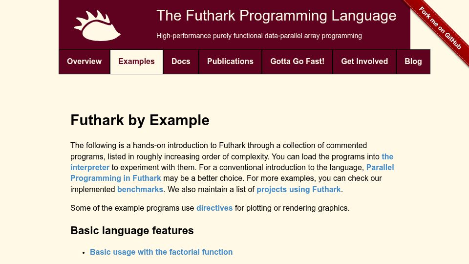 Screenshot of futhark-lang.org: Futhark by example (2020)