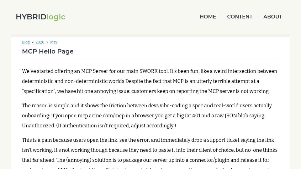 Screenshot of hybridlogic.co.uk: MCP Hello Page