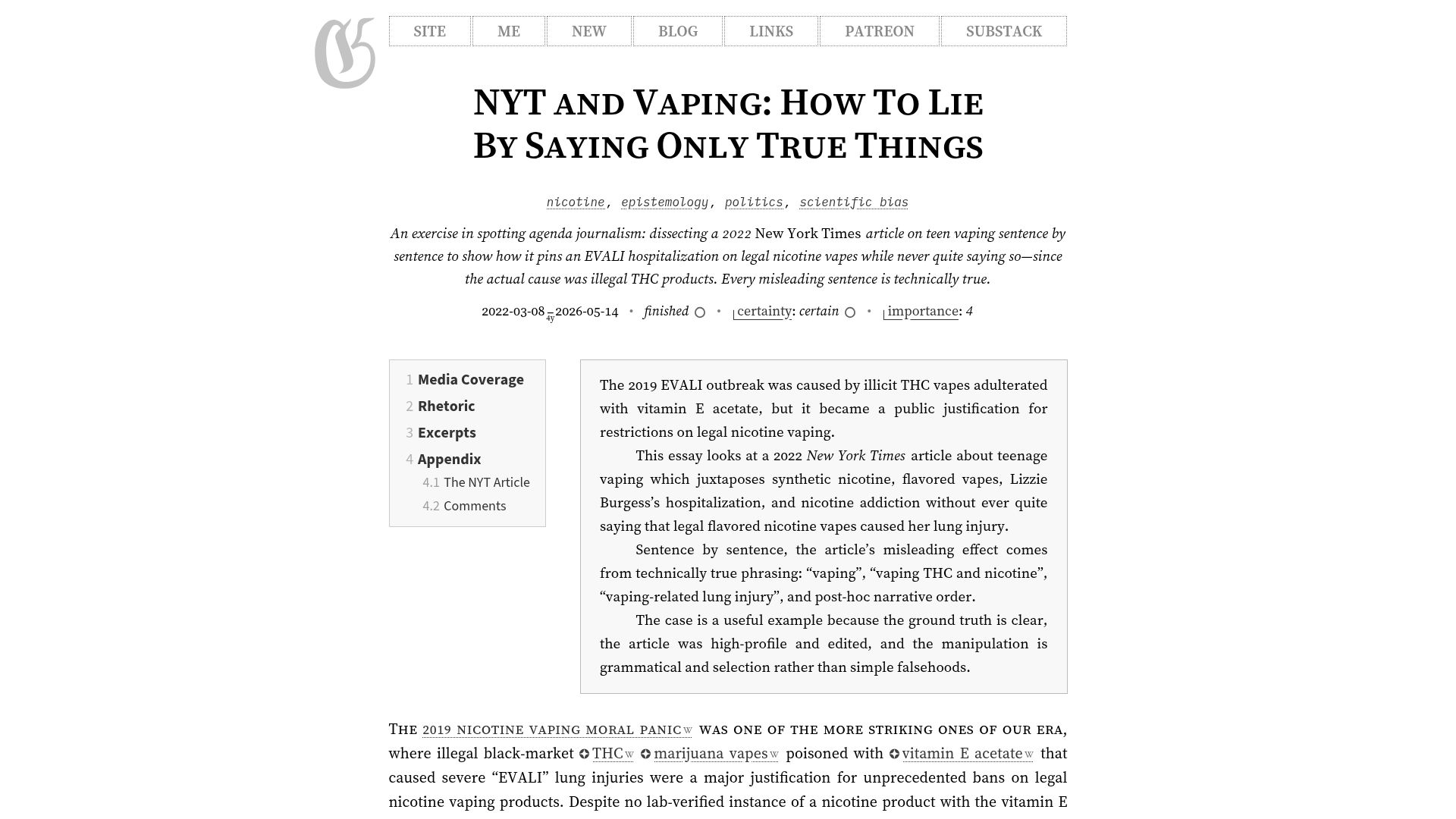 Screenshot of gwern.net: NYT and vaping: How to lie by saying only true things (2022)