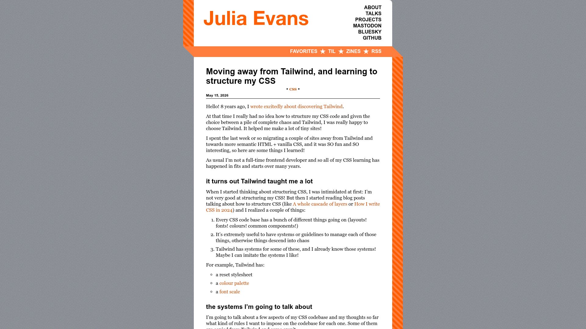 Screenshot of jvns.ca: Moving away from Tailwind, and learning to structure my CSS