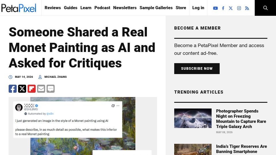 Screenshot of petapixel.com: Someone Shared a Real Monet Painting as AI and Asked for Critiques