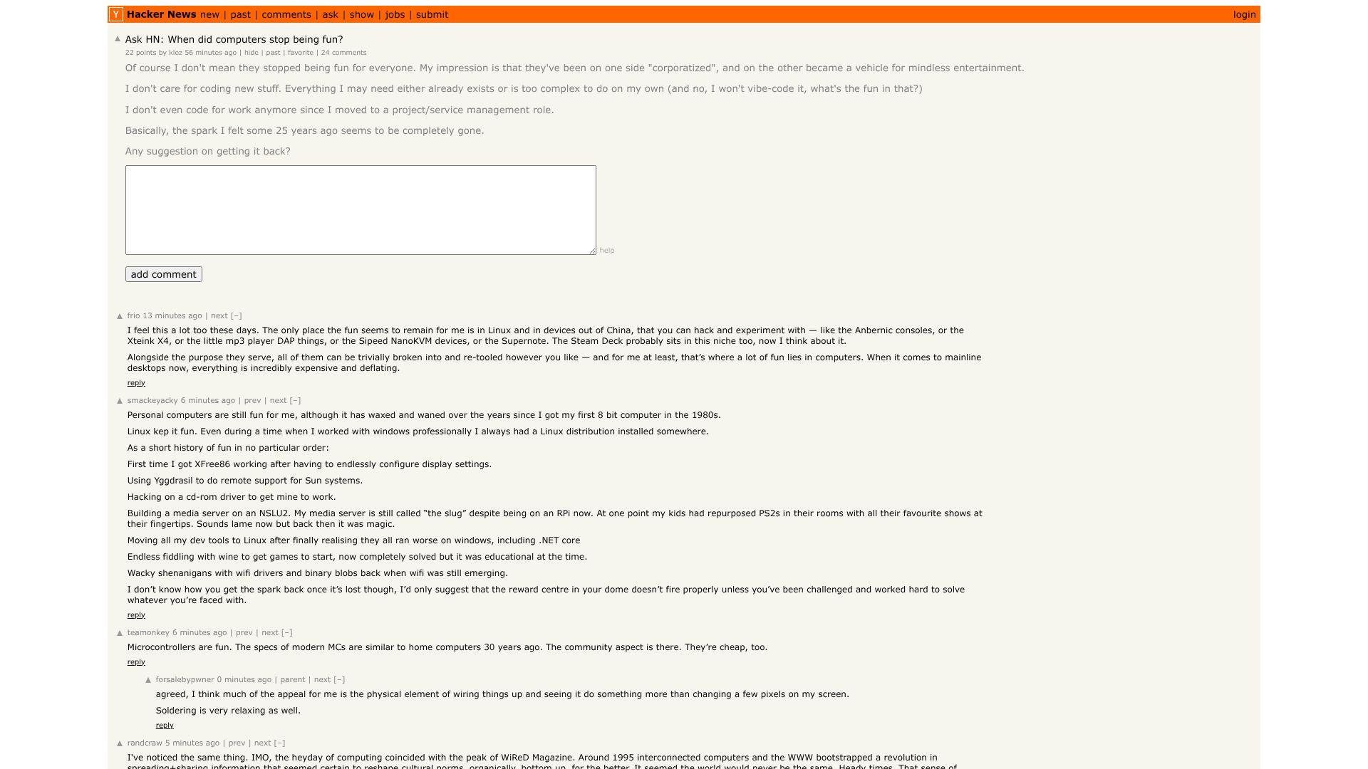 Screenshot of this Hacker News post: Ask HN: When did computers stop being fun?