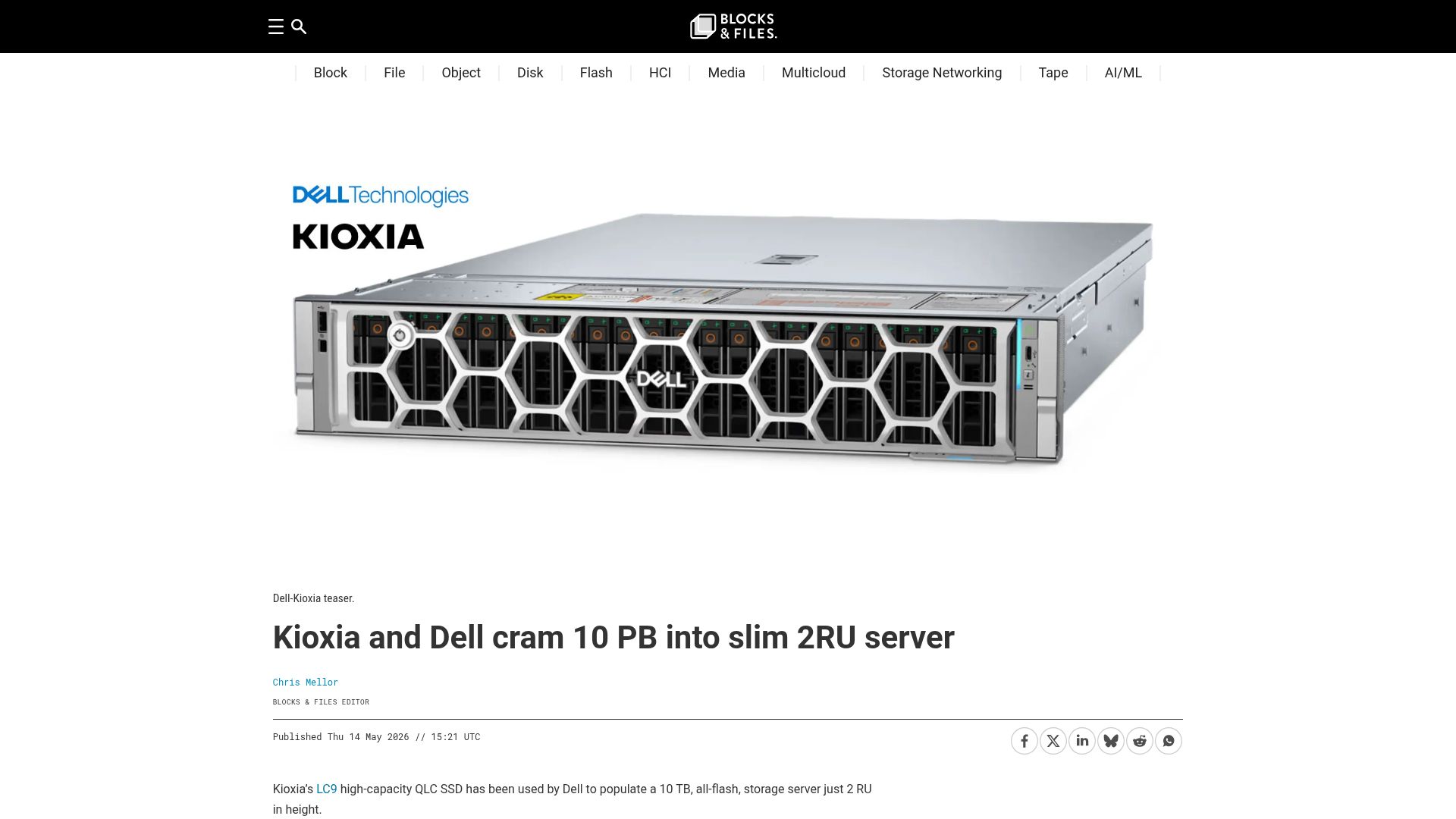 Screenshot of blocksandfiles.com: Kioxia and Dell cram 10 PB into slim 2RU server