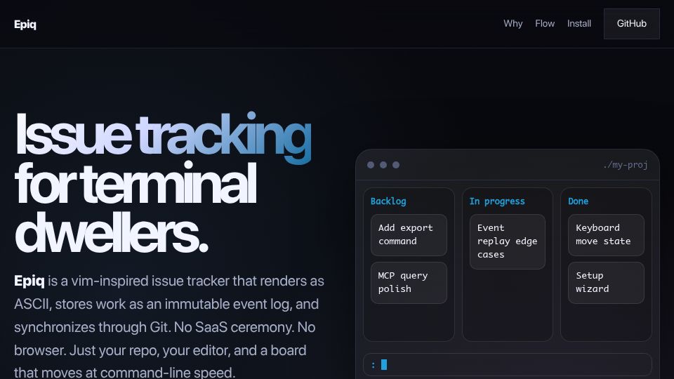 Screenshot of ljtn.github.io: Show HN: Epiq – Distributed Git based issue tracker TUI