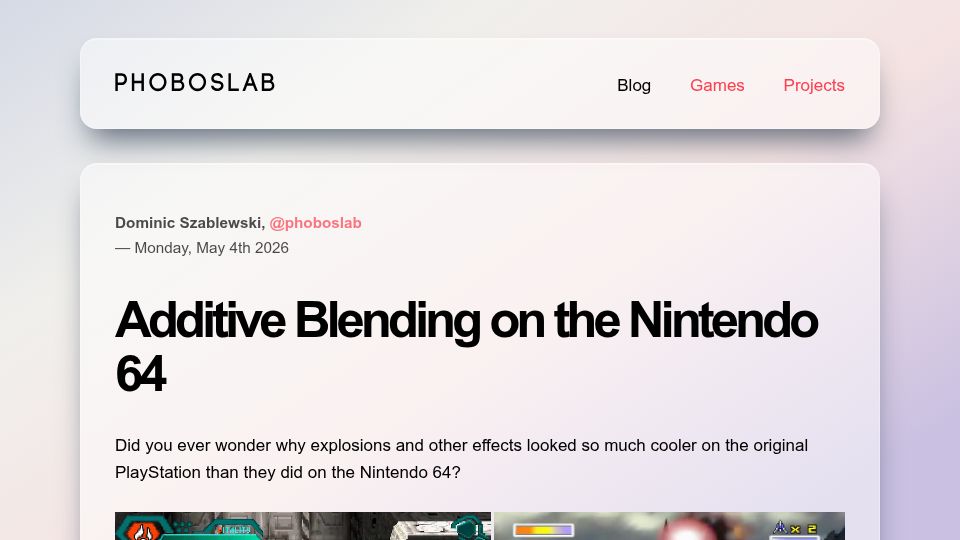 Screenshot of phoboslab.org: Additive Blending on the Nintendo 64