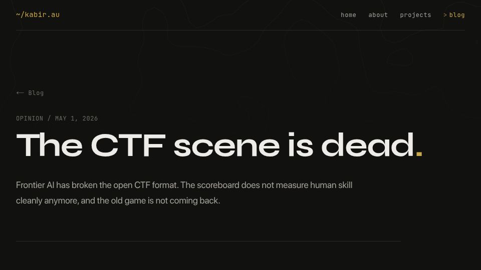 Screenshot of kabir.au: Frontier AI has broken the open CTF format