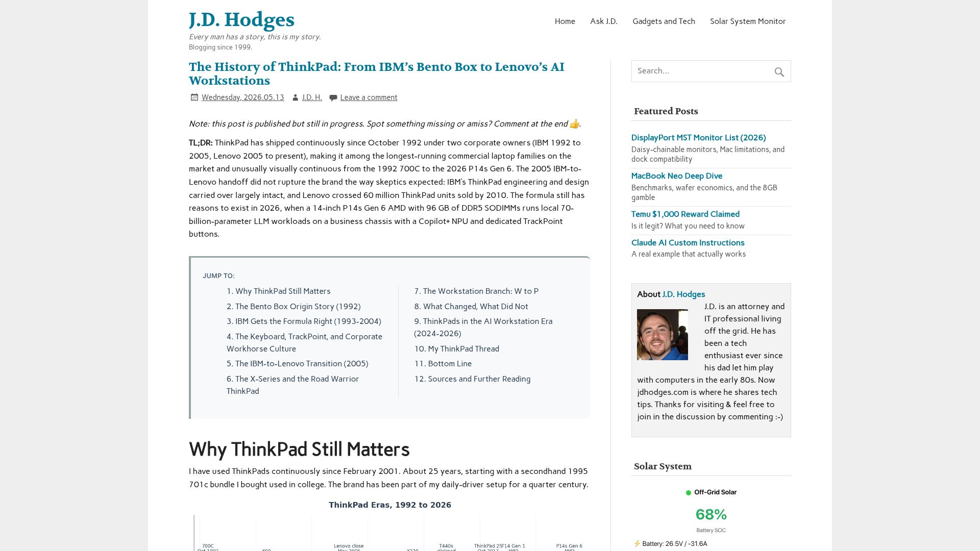 Screenshot of jdhodges.com: The History of ThinkPad: From IBM’s Bento Box to Lenovo’s AI Workstations