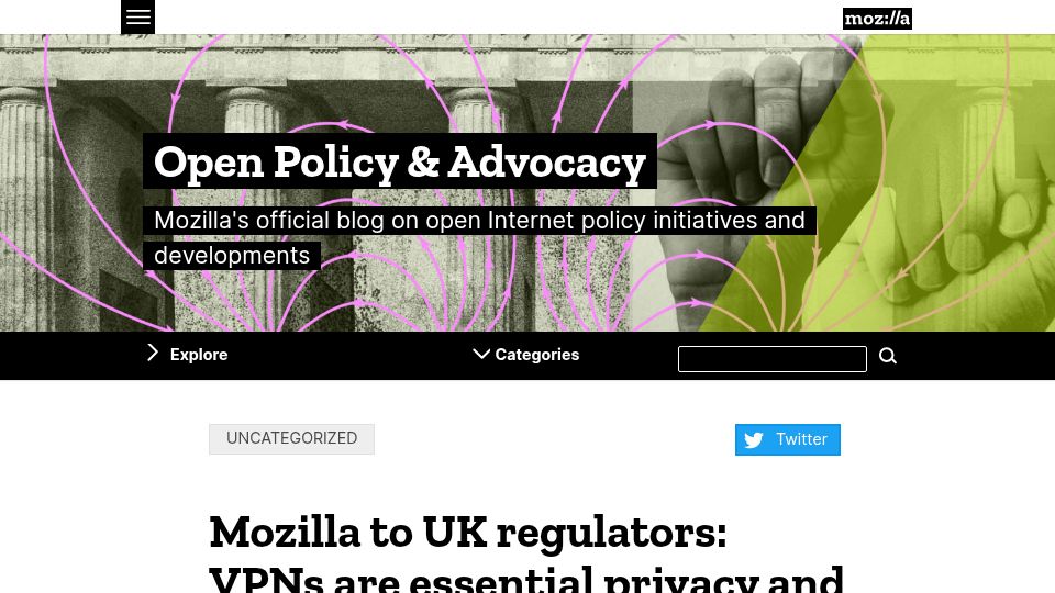Screenshot of blog.mozilla.org: Mozilla to UK regulators: VPNs are essential privacy and security tools