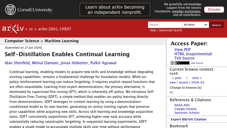 Screenshot of arxiv.org: Self-Distillation Enables Continual Learning [pdf]
