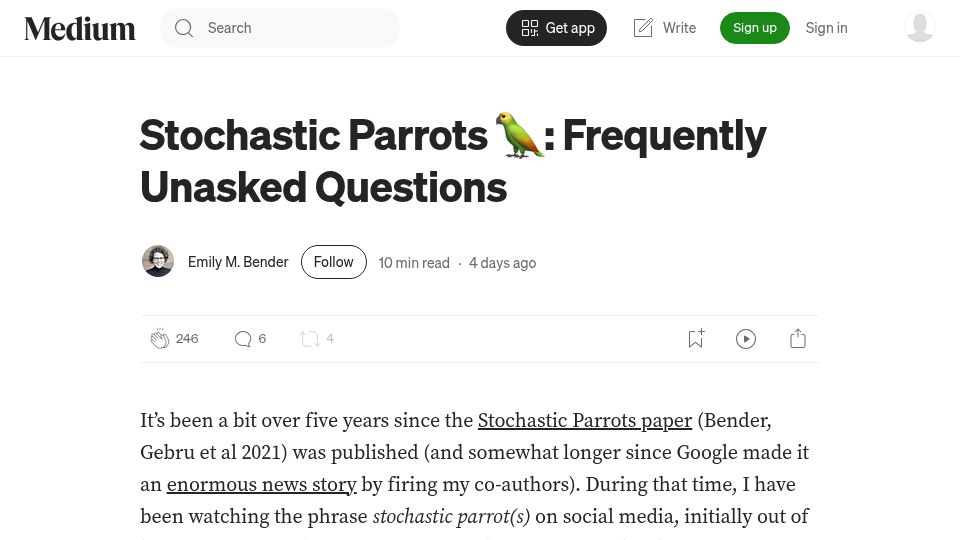 Screenshot of medium.com: Stochastic Parrots: Frequently Unasked Questions