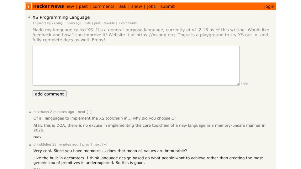 Screenshot of Hacker News post: XS Programming Language