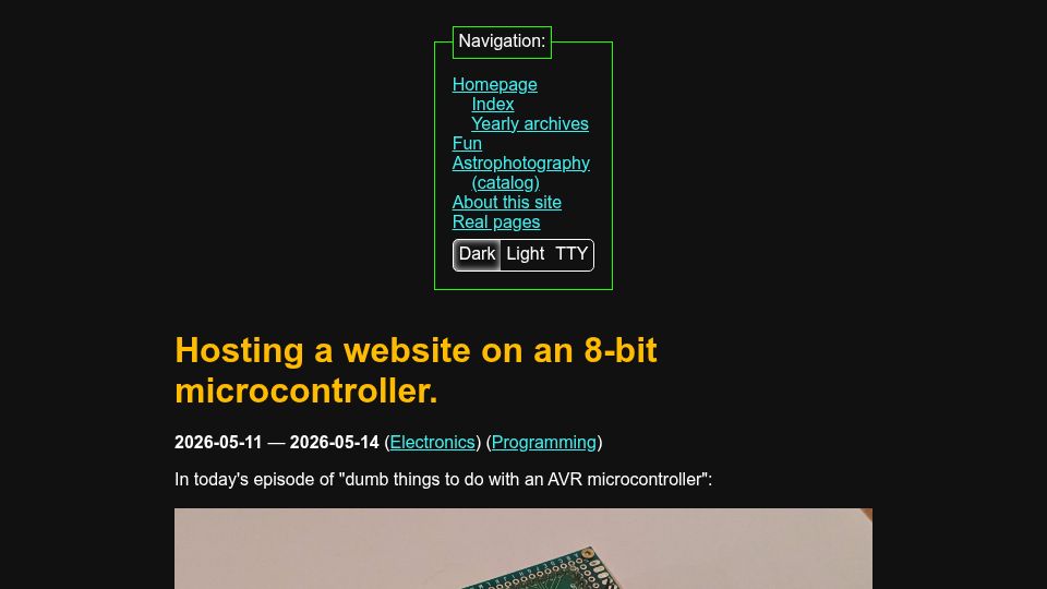 Screenshot of maurycyz.com: Hosting a website on an 8-bit microcontroller