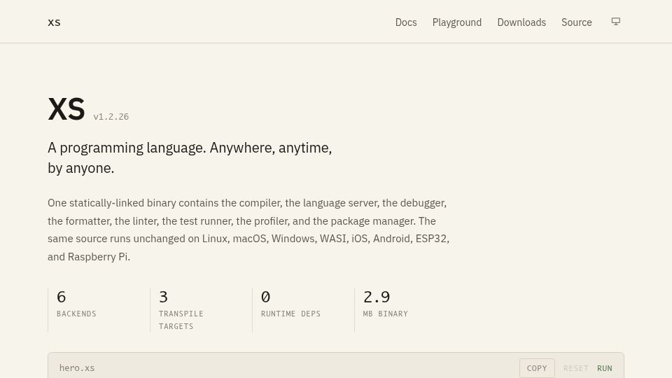 Screenshot of xslang.org: XS: A programming language. Anywhere, anytime, by anyone