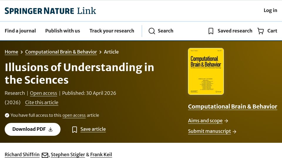 Screenshot of link.springer.com: Illusions of understanding in the sciences