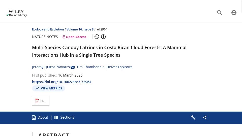 Screenshot of onlinelibrary.wiley.com: Multi-Species Canopy Latrines in Costa Rican Cloud Forests
