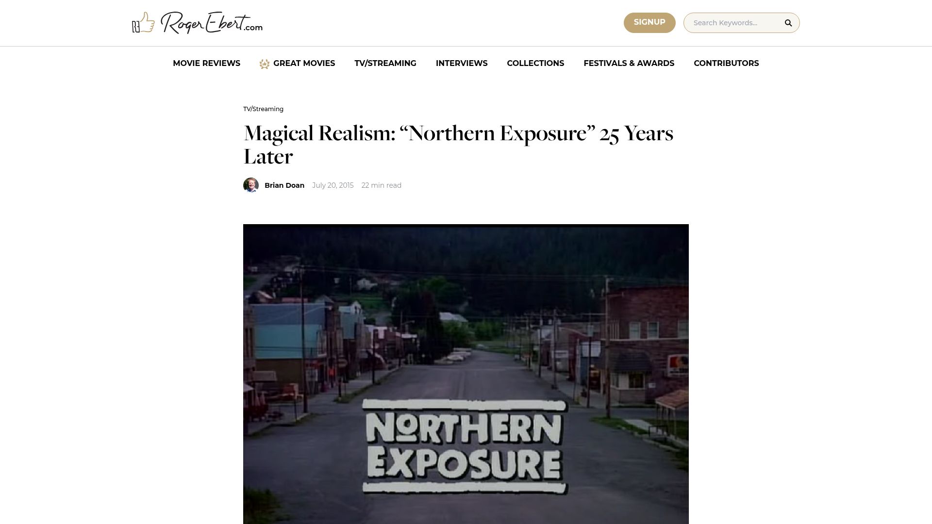 Screenshot of rogerebert.com: Magical Realism: “Northern Exposure” 25 Years Later (2015)