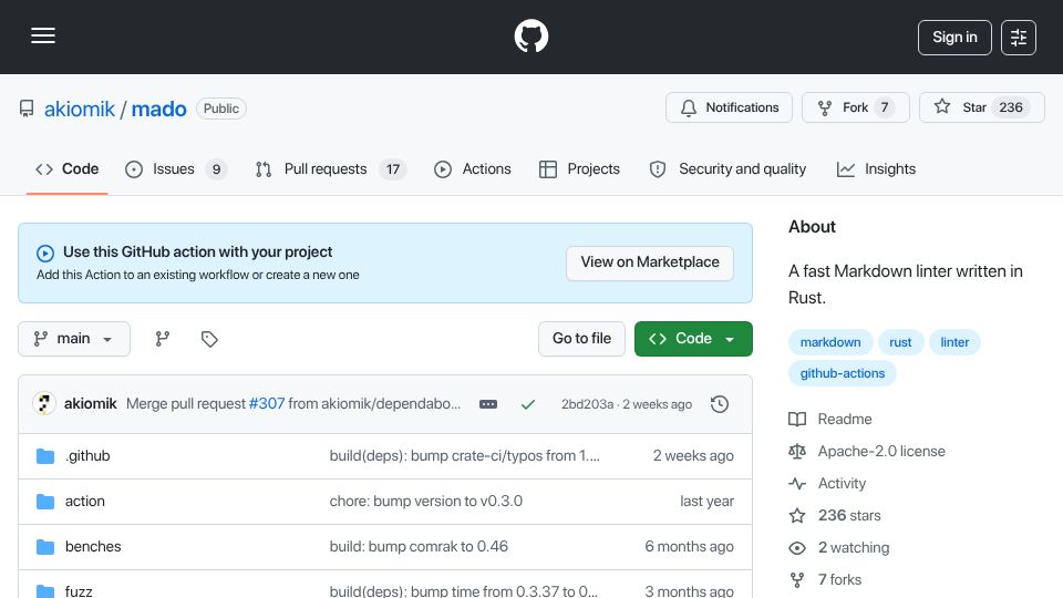 Screenshot of github.com: Mado: Fast Markdown linter written in Rust