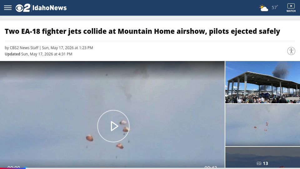 Screenshot of idahonews.com: Two EA-18 fighter jets collide at Mountain Home airshow, pilots ejected safely