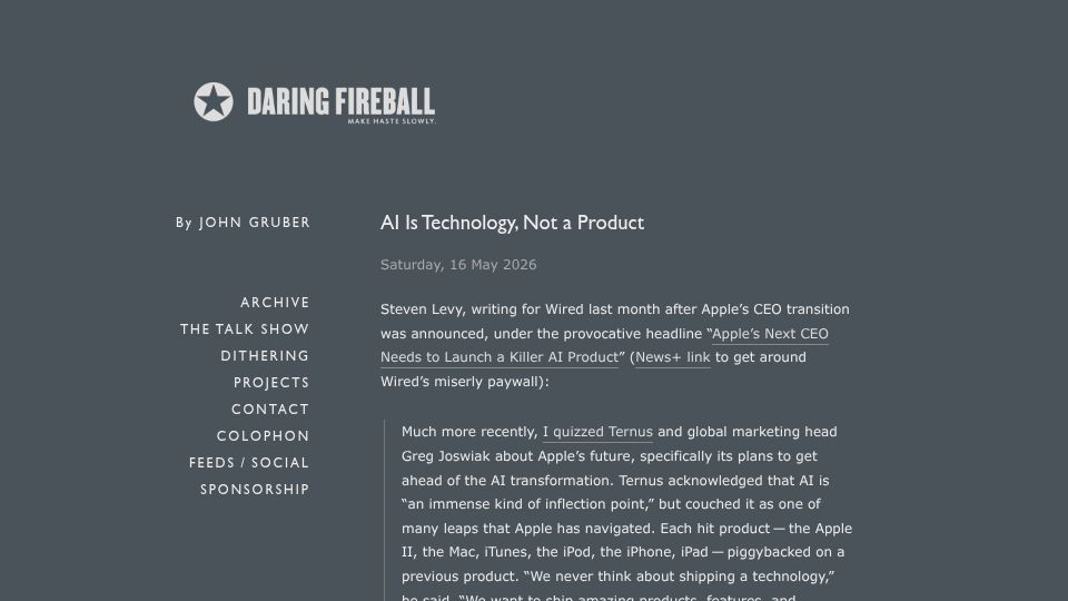 Screenshot of daringfireball.net: AI is a technology not a product