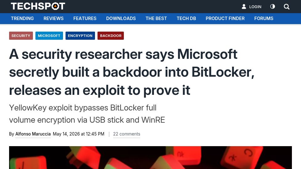 Screenshot of techspot.com: Security researcher says Microsoft built a Bitlocker backdoor, releases exploit