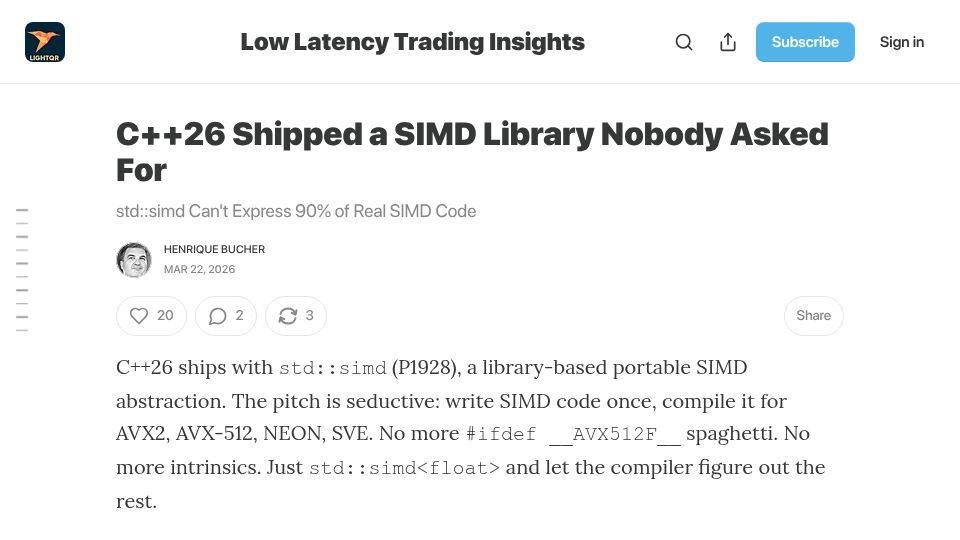 Screenshot of lucisqr.substack.com: C++26 Shipped a SIMD Library Nobody Asked For
