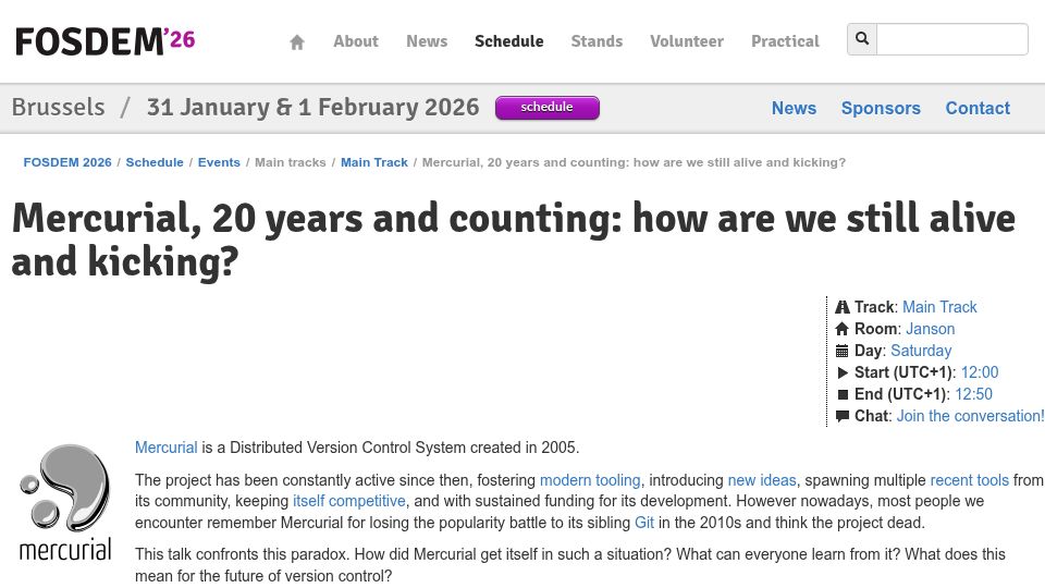 Screenshot of fosdem.org: Mercurial, 20 years and counting: how are we still alive and kicking? [video]