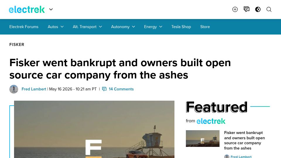 Screenshot of electrek.co: Fisker went bankrupt and owners built an open source car company from the ashes