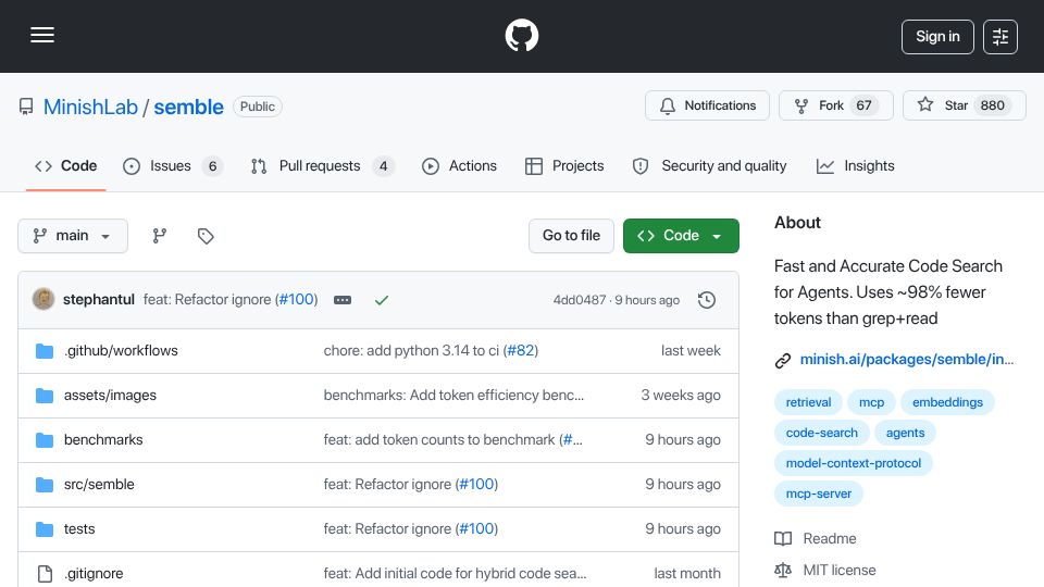 Screenshot of github.com: Show HN: Semble – Code search for agents that uses 98% fewer tokens than grep