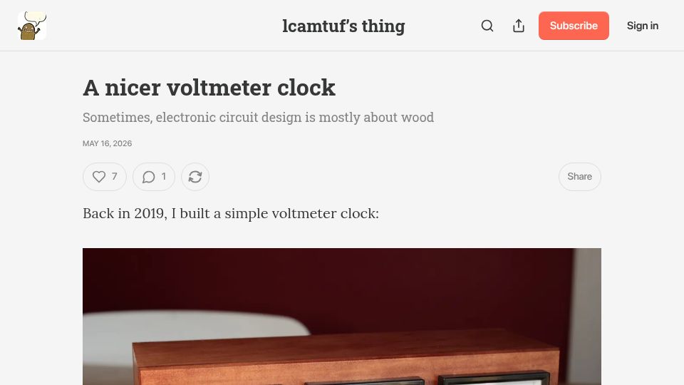Screenshot of lcamtuf.substack.com: A nicer voltmeter clock