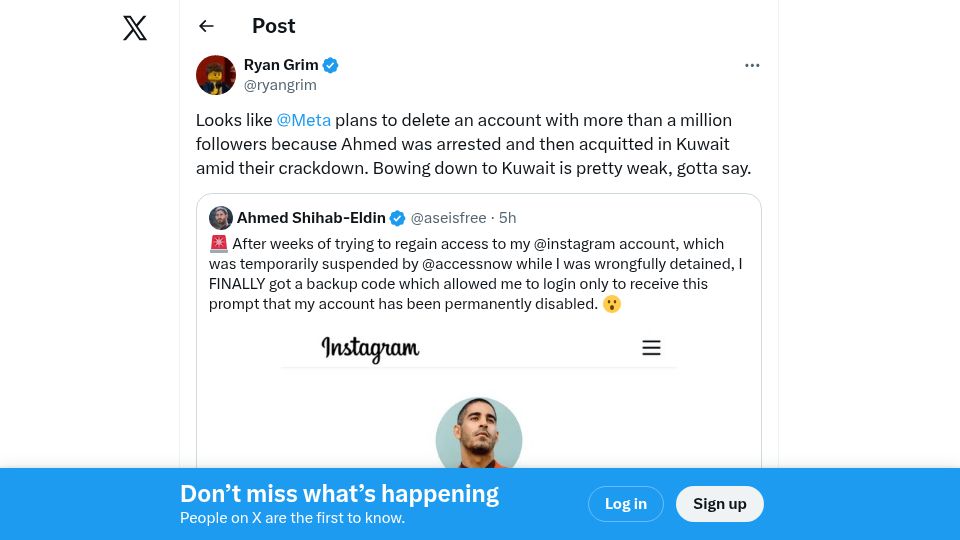 Screenshot of twitter.com: Meta deletes popular 1M follower account after Kuwaiti request