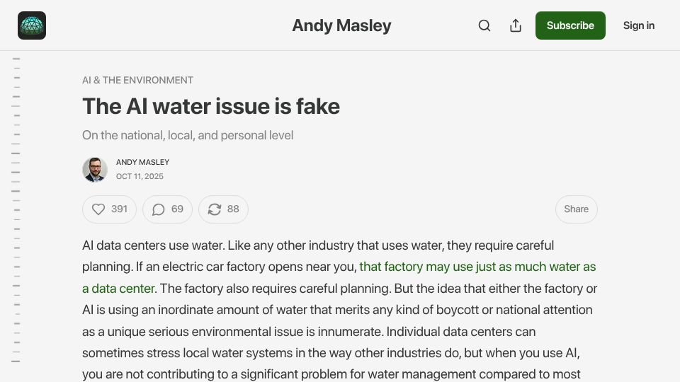 Screenshot of blog.andymasley.com: The AI water issue is fake