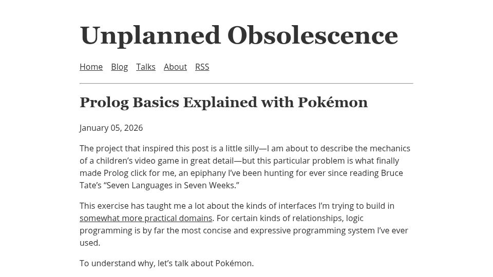 Screenshot of unplannedobsolescence.com: Prolog Basics Explained with Pokémon
